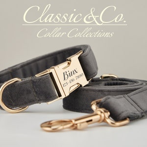 DarkGrey Velvet Personalized Dog Collar Bow Tie Leash Set,Custom Engraved Pet Name Metal Buckle,Luxury Birthday Puppy Gift,FREE Shipping
