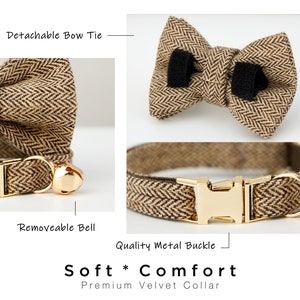May include: A brown and tan herringbone patterned cat collar with a gold metal buckle and a removable bell. The collar has a matching bow tie that can be detached.
