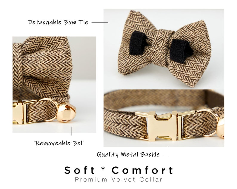 Tweed Fabric Cat Collar Bow Tie Set BlueBrownGrey,Personalized Engraved Gold Buckle Name Tag,Kitten Collar for Male Female,Small Dog Gift image 5