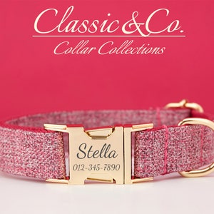May include: A pink and white patterned dog collar with a gold buckle and a personalised name tag that reads "Stella" and a phone number.