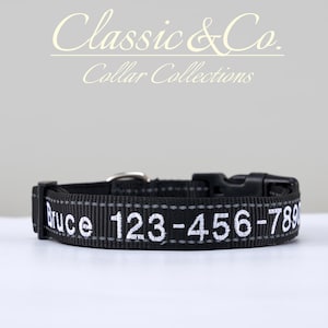 Collier pour chien noir réfléchissant personnalisé avec laisse, collier pour chiot avec nom brodé, collier en nylon réglable, cadeaux uniques pour les amoureux des animaux de compagnie