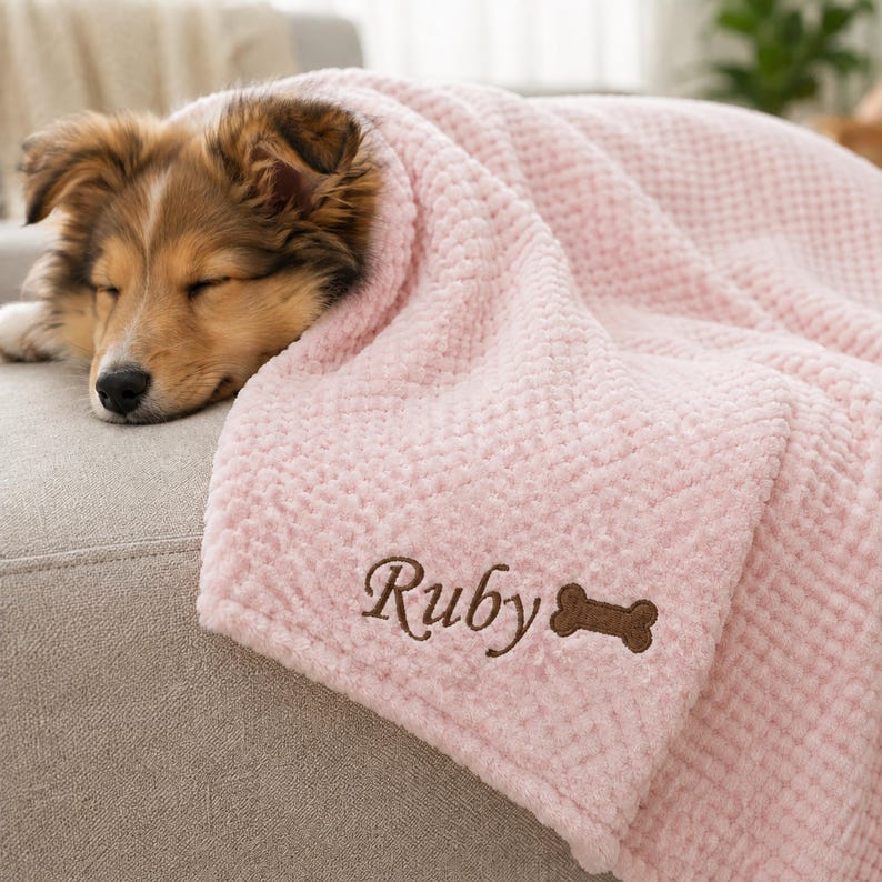 May include: A soft, light pink textured blanket featuring the embroidered name Ruby in dark brown script, accompanied by a small brown bone icon. A small, brown and white dog with closed eyes is resting its head on the edge of the blanket.