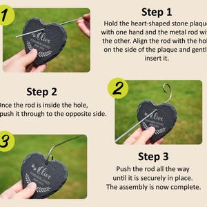 May include: A heart-shaped black stone plaque engraved with the name "Olive" and the text "Forever Loved 2009-2023". A metal rod is inserted into the plaque. Assembly instructions are shown.