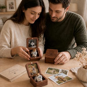 May include: Two square wooden keepsake boxes with hinged lids. One box displays a cat photo and a glass vial with a heart tag labeled Merlin. Another box shows a dog photo and a vial with a heart tag labeled Busta. A third box is engraved with Daisy.