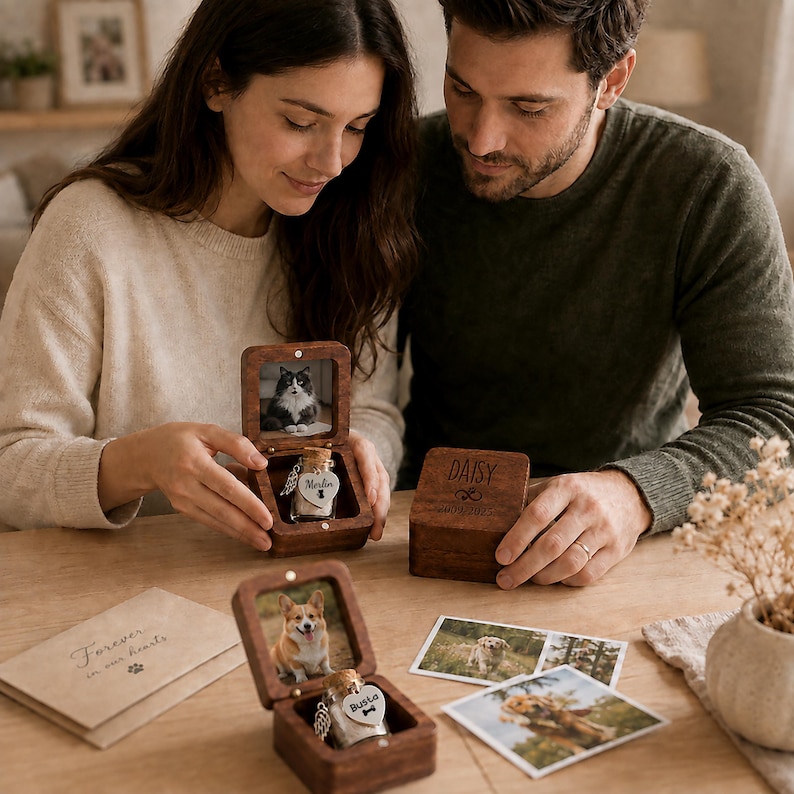 May include: Two square wooden keepsake boxes with hinged lids. One box displays a cat photo and a glass vial with a heart tag labeled Merlin. Another box shows a dog photo and a vial with a heart tag labeled Busta. A third box is engraved with Daisy.