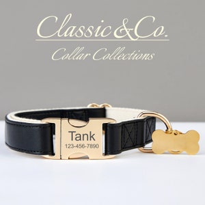 Collier et laisse pour chien en cuir synthétique polyuréthane noir imperméable, ensemble de laisses solide pour collier de chien, boucle en métal gravée + plaque nominative pour animal de compagnie gratuite, cadeau de mariage pour chiot