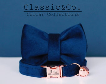 Navy Blue Velvet Personalized Cat Collar Bow Tie Lead Set,Custom Engraved Kitten Puppy Name Tag & Phone Number,Small Dog Male Boy Pet Gift