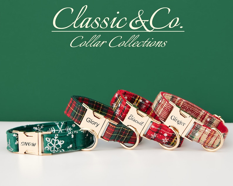 Merry Christmas Personalise Dog Collar Leash Set with Bow,RedGreenSnow Plaid, Engraved Pet Name Plate Metal Buckle,Santa Puppy Gift image 3