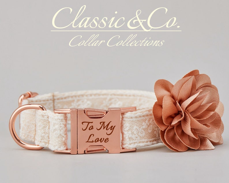White Ivory Lace Wedding Dog Collar & Leash Set,Detachable Flower for Dog Bridesmaid,Bridal Dog Ring Bearer,Rose Gold Personalize Name Tag image 2