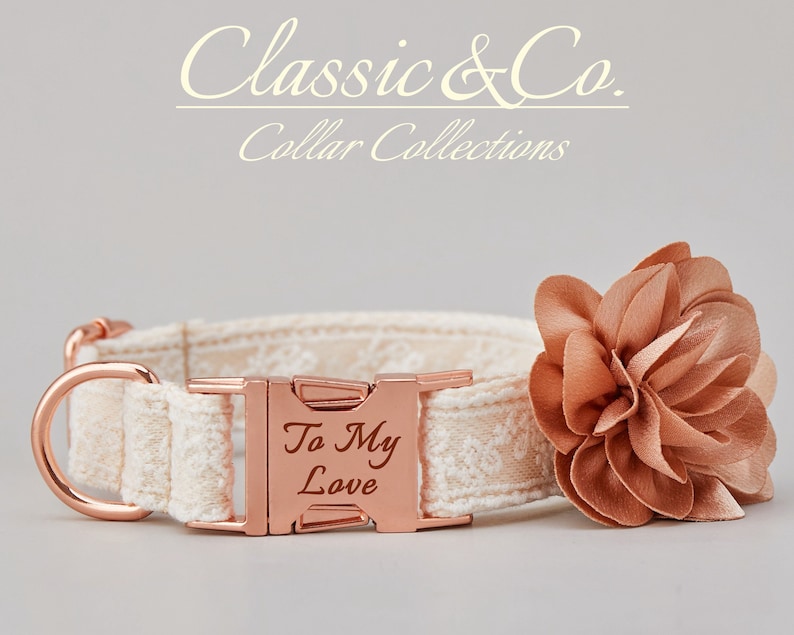 May include: A white dog collar with a rose gold buckle and a matching rose gold D-ring. The buckle is engraved with the text "To My Love". A peach-colored fabric flower is attached to the collar.