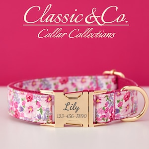 Ensemble de laisses florales personnalisées avec collier pour chien, nom d'animal de compagnie gravé sur mesure, boucle en métal, cadeau d'anniversaire lilas pour chiot, livraison gratuite image 1