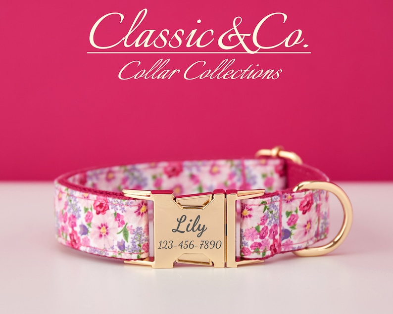 Floral personalisierte Hundehalsband Fliege Leine Set, individuelle gravierte Haustiername Metallschnalle, lila Geburtstag Welpe Geschenk, KOSTENLOSER Versand Bild 1