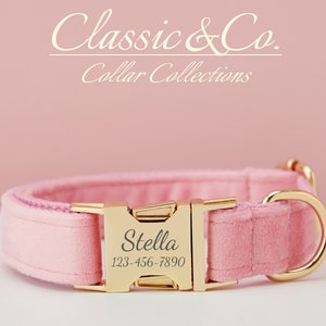Personalized Dog Collar With Engraved Pet Name Metal Buckle,Pink Velvet Dog Collar and Leash Set with Bell And Bow,FREE Shipping