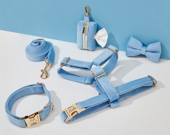 SkyBlue Samt Hundegeschirr und Leine Set, Personalize Step In WelpenGeschirr+ Halsband+Fliege+Poo Taschenhalter, No Pull Hochzeit Harness Bundle