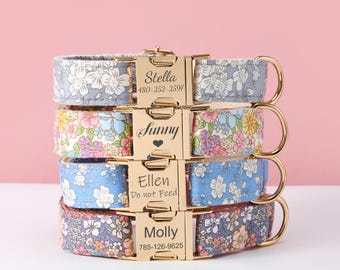 Blumen Hundehalsband und Leinen Set mit Schleife, benutzerdefinierter Haustier Name auf Metallschnalle eingraviert, blaue Blumenhalsbänder für Hunde, personalisierte Haustiergeschenke