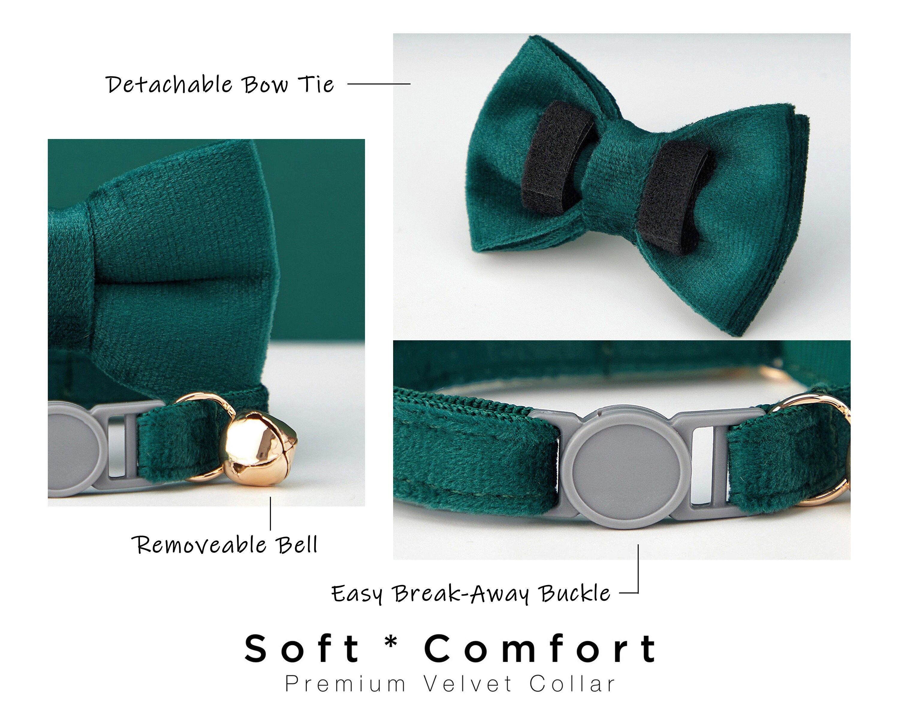 Breakaway Emerald Green Velvet Personalized Cat Collar Bow Tie Etsy