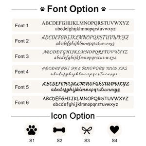 May include: A chart displaying six distinct font styles labeled Font 1 through Font 6, each showing the full alphabet in uppercase and lowercase letters. Below, four black icons are labeled S1 to S4, featuring a paw print, bone, bow, and heart.