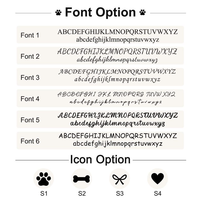 May include: A chart displaying six distinct font styles labeled Font 1 through Font 6, each showing the full alphabet in uppercase and lowercase letters. Below, four black icons are labeled S1 to S4, featuring a paw print, bone, bow, and heart.