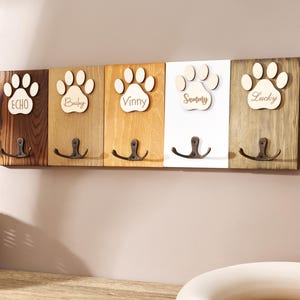 Personalized Wooden Pet Leash Hook, Paw Print Leash Holder, Custom Pet Wall Organizer, Dog Lover Gift image 2