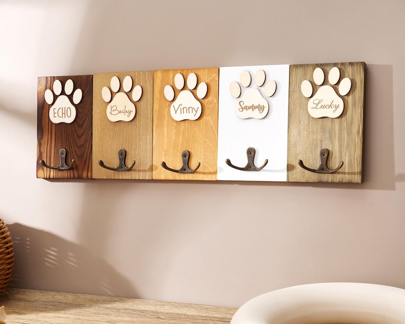 Personalized Wooden Pet Leash Hook, Paw Print Leash Holder, Custom Pet Wall Organizer, Dog Lover Gift image 2