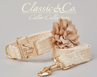 May include: A cream-colored dog collar and leash set with a gold buckle and a matching flower charm. The collar has the text "To My Love" engraved on the buckle.
