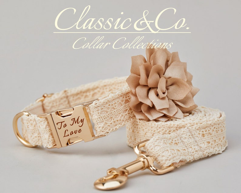 May include: A cream-colored dog collar and leash set with a gold buckle and a matching flower charm. The collar has the text "To My Love" engraved on the buckle.