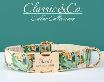 Personalized Floral Dog Collar Leash Bowtie Set, with Custom Name, Phone Number Engraved Metal Buckle, Adjustable Pet Collar, Gift for Dog