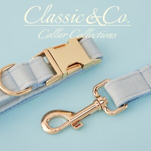 May include: A light blue velvet dog collar and leash set with gold hardware. The collar has a gold buckle and the leash has a gold hook.
