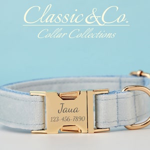 Light Blue Velvet Personalized Dog Collar,Colourful Dog Collars,Wedding Dog Wear with Engraved Name