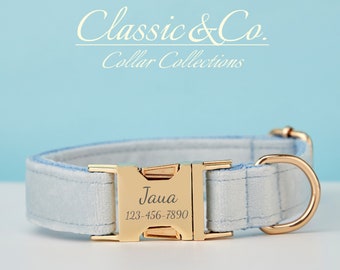 Hellblaues Samt-Hundehalsband mit Gravur, personalisierbares Hundehalsband