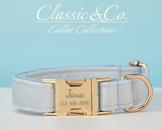 Light Blue Velvet Personalized Dog Collar,Colourful Dog Collars,Wedding Dog Wear with Engraved Name