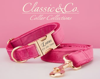 May include: Pink velvet dog collar and leash set with gold hardware. The collar has a personalized name tag that reads "Luna 123-156-7890".