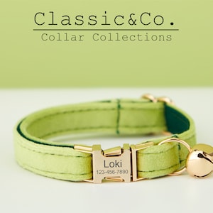 Avocado Green Velvet Personalized Cat Collar Bow Tie Leash Set,Custom Engraved Kitten Puppy Name Tag,Free Gold Bell,Small Dog Birthday Gift