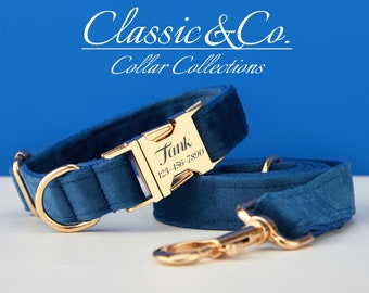 RoyalBlue Velvet Personalized Dog Collar Bow Tie Leash Set,Custom Engraved Pet Name Metal Buckle,Luxury Birthday Puppy Gift,FREE Shipping
