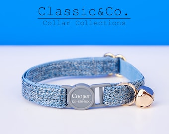 Breakaway Blue Tweed Fabric Cat Collar Bow Tie Set,Personalize Engraved Buckle Name Tag,Safty Kitten Collar Gift for Male Female