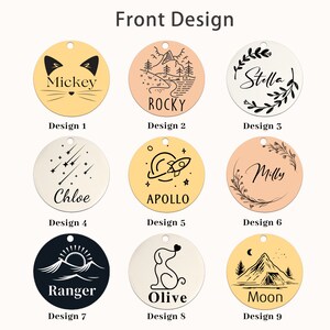 May include: Nine different designs for personalized pet tags. The tags are round and feature various illustrations, including a cat, a mountain, a rocket, a dog, and a sun. Each tag has a space for a name.