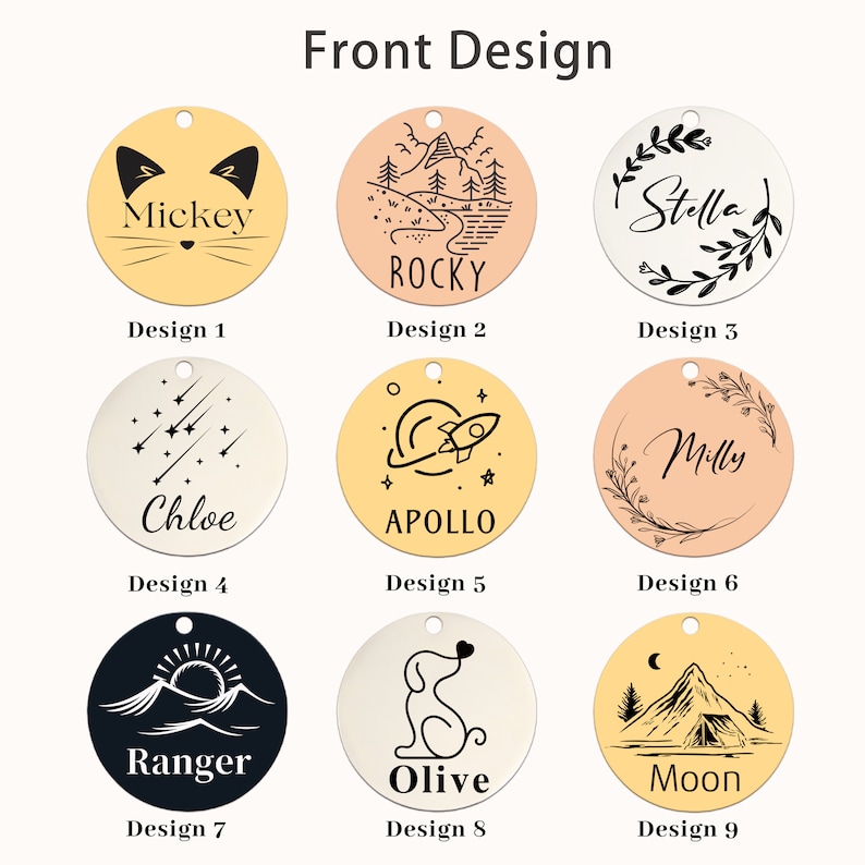 May include: Nine different designs for personalized pet tags. The tags are round and feature various illustrations, including a cat, a mountain, a rocket, a dog, and a sun. Each tag has a space for a name.