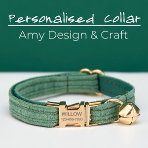 Green Corduroy Velvet Personalized Cat & Small Dog Collar Bow Tie Leash Set,Free Engraved Kitten Puppy Name Tag,Gold Bell,Pet Birthday Gift