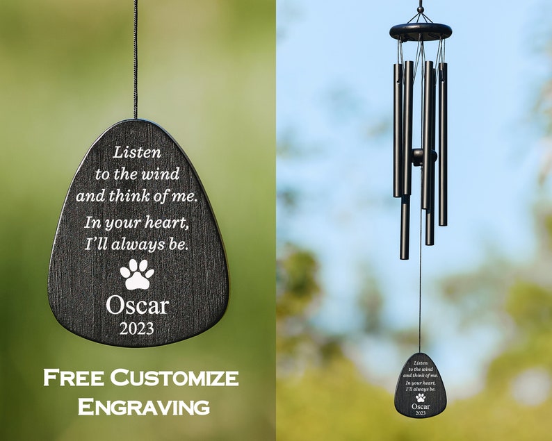 Nero Doppio Lato Personalizzato Incidere Pet Memorial Outdoor Wind Chime-Pet Lose Rembering Gift-Outside Sketch Dog Cat Loss Sign for Garden immagine 6