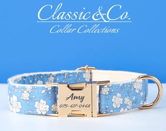 Personalisiertes blaues Blumenhundehalsband mit individuell graviertem Metallschnallen, benutzerdefiniertem Haustier-Namensschild, verstellbarem Haustierzubehör für Hundeliebhaber