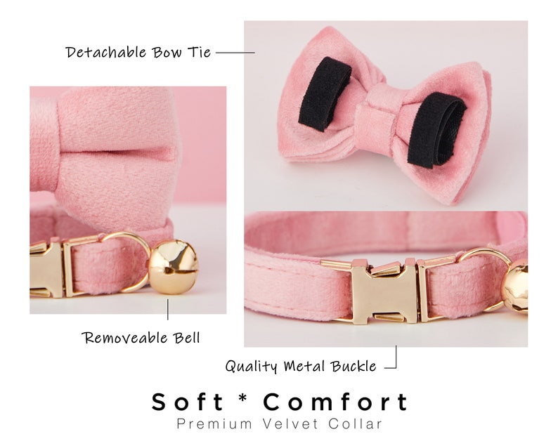 May include: Pink velvet cat collar with a detachable bow tie and a removable bell. The collar has a gold metal buckle.