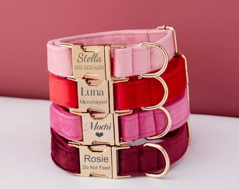 Conjunto de correa de collar de perro de terciopelo de múltiples colores personalizado con lazo, rojo + rosa + borgoña, hebilla de metal con nombre de mascota grabada, regalo de cachorro de boda