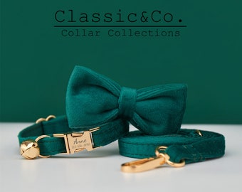 Emerald Velvet Personalized Cat & Small Dog Collar Bow Tie Leash Set,Free Engraved Kitten Puppy Name Tag,Gold Bell,Pet Birthday Gift