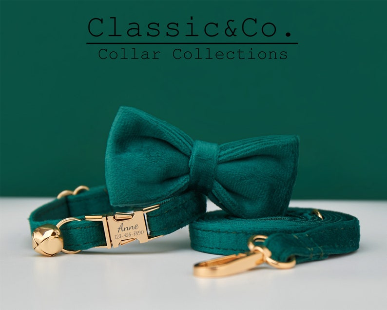 Emerald Velvet Personalized Cat & Small Dog Collar Bow Tie Leash Set,Free Engraved Kitten Puppy Name Tag,Gold Bell,Pet Birthday Gift zdjęcie 1