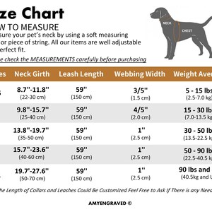 Puede incluir: Tabla de tallas para collares y correas para perros con medidas en pulgadas y libras. La tabla muestra la circunferencia del cuello, la longitud de la correa, el ancho de la cinta y el peso promedio para diferentes tama&ntilde;os: XS, S, M, L y XL.
