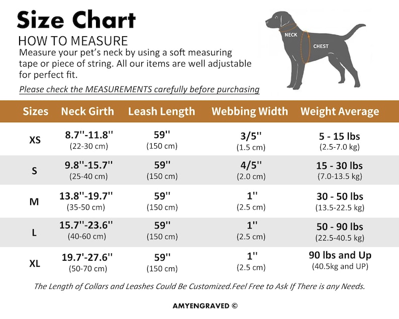 Puede incluir: Tabla de tallas para collares y correas para perros con medidas en pulgadas y libras. La tabla muestra la circunferencia del cuello, la longitud de la correa, el ancho de la cinta y el peso promedio para diferentes tama&ntilde;os: XS, S, M, L y XL.