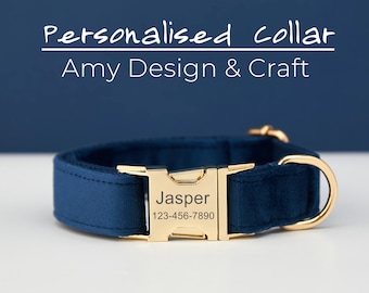 Personalized Dog Collar Bow Tie Leash Set,Navy Blue Velvet Collar,Luxury Wedding Puppy Gift,FREE Shipping