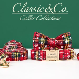 Merry Christmas Personalise Dog Collar Leash Set with Bow,Red+Green+Snow Plaid, Engraved Pet Name Plate Metal Buckle,Santa Puppy Gift
