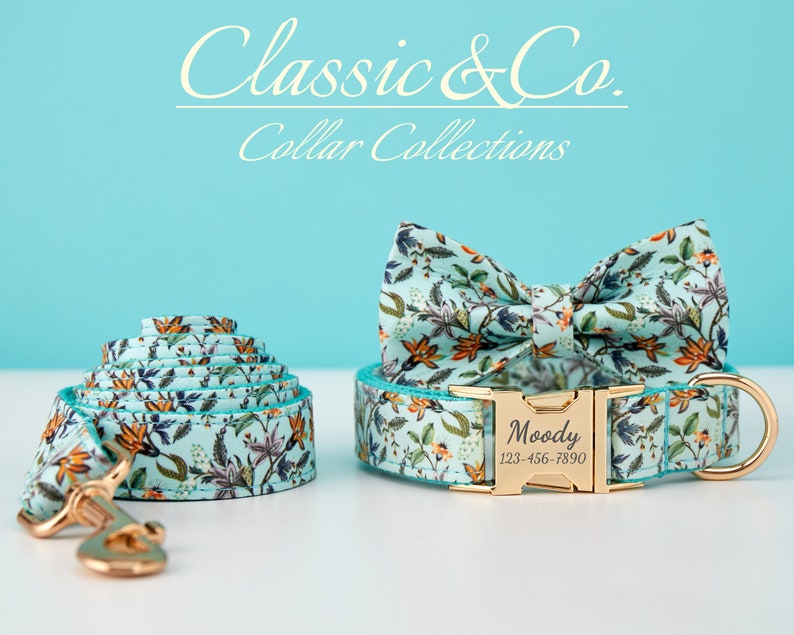 Floral Personalized Dog Collar Bow Tie Leash Setcustom Etsy