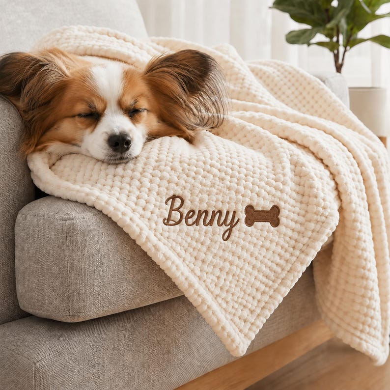 May include: A cream-colored waffle-textured blanket featuring the embroidered name Benny in brown script lettering next to a brown embroidered dog bone icon. A small dog with brown and white fur is resting its head on the soft fabric.